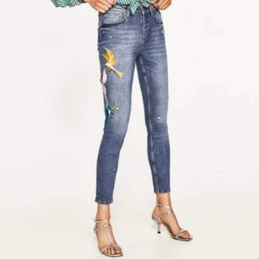 Zara Birds Embroidered Denim Jeans US 6 EU 38 Butterfly 🦋 NWT